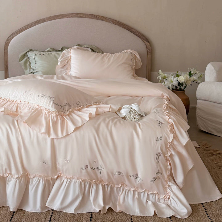 Embroidered Ruffled Satin Duvet Cover Set with Decorative Pillow Shams