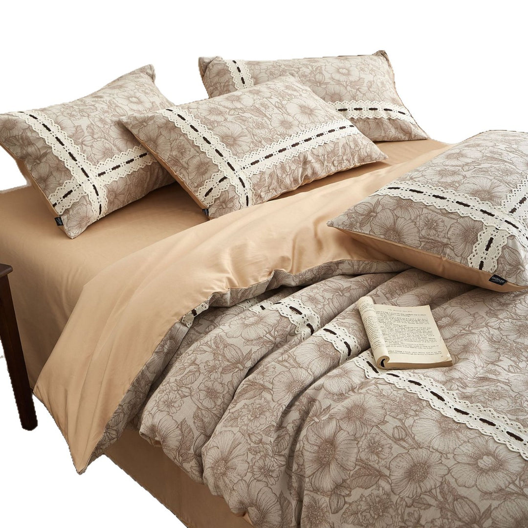 Floral Sketch Lace-Panel Reversible Duvet Cover Ensemble with Solid-Backed Pillow Shams
