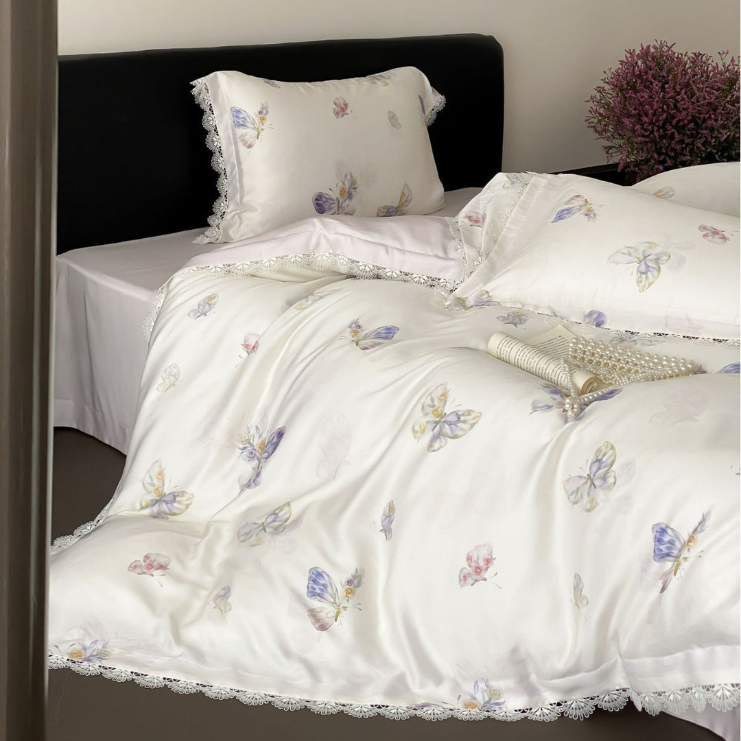 Floral Lace-Trim Satin Sateen Duvet Cover Set with Pillow Shams