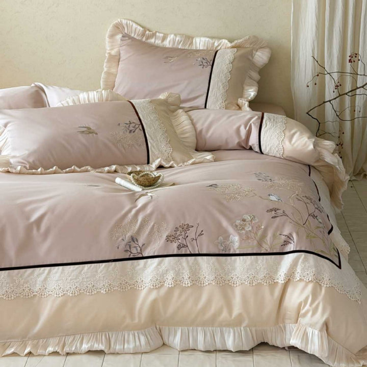 Premium cotton satin duvet cover set with pleated ruffle and delicate bird and flower embroidery