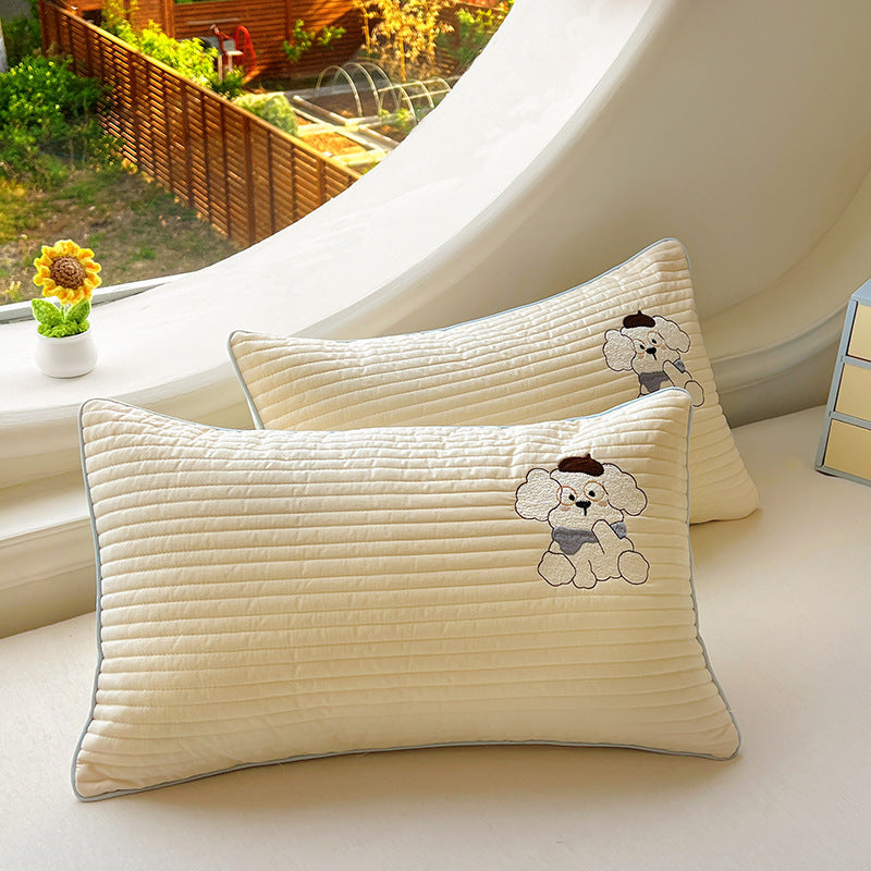 Quilted Cushion Cover Set with Embroidered Dog Design and Velvety Handle
