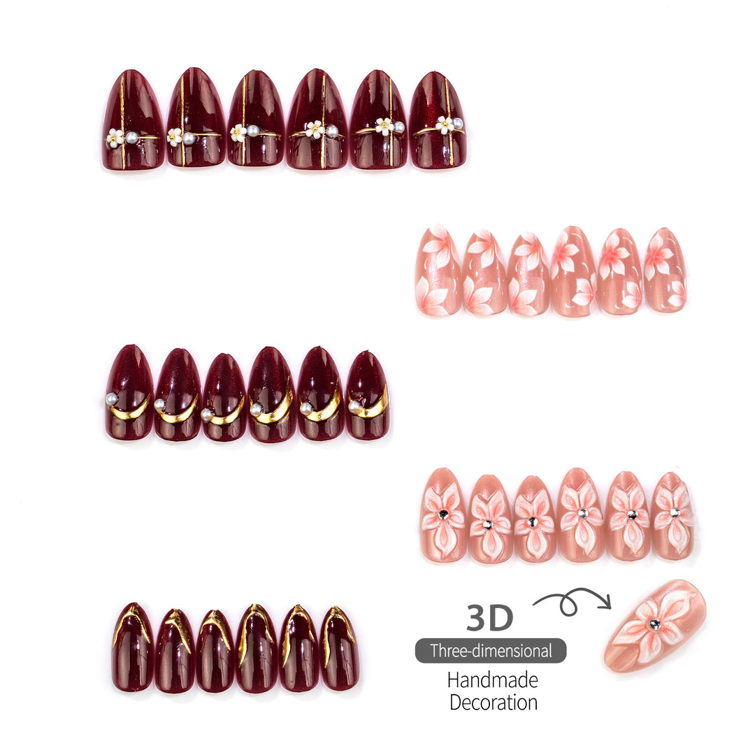 Elegant Press-On Nail Art Set with Floral Accents