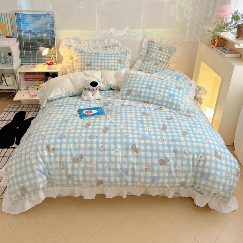 Frilled-Edge Pastel Storybook Print Cotton Duvet Cover and Sham Set