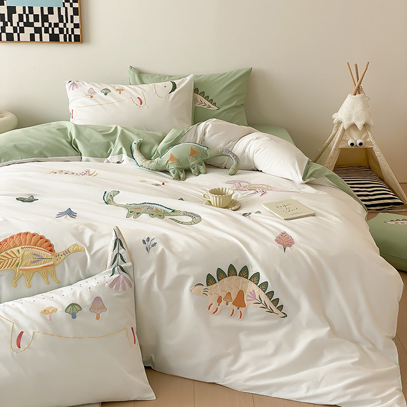 Children's Embroidered Dinosaur Cotton Sateen Duvet Cover Bedding Set