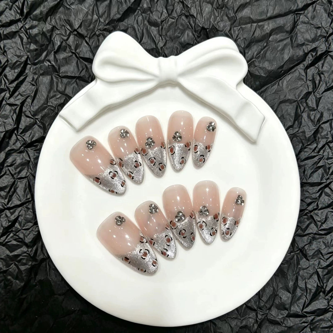 Decorative Press-On Nail Art Set with Gem and Silver Accents