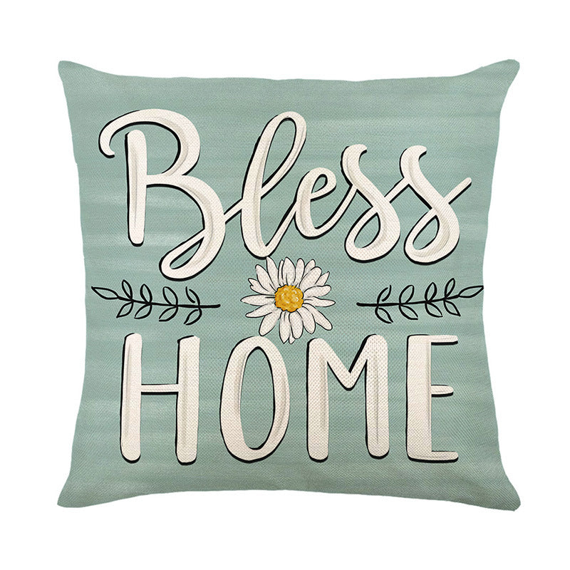 Decorative Throw Pillow with Farmhouse Bless Home Script and Daisy Accent