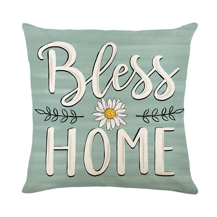 Decorative Throw Pillow with Farmhouse Bless Home Script and Daisy Accent