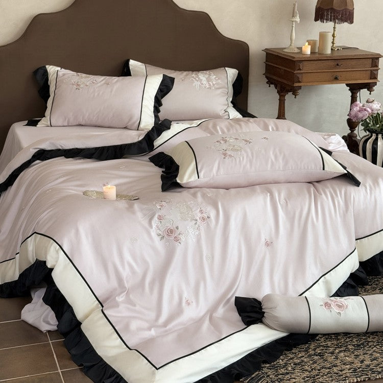 Embroidered Floral Ruffled Edge Duvet Cover and Pillow Sham Set