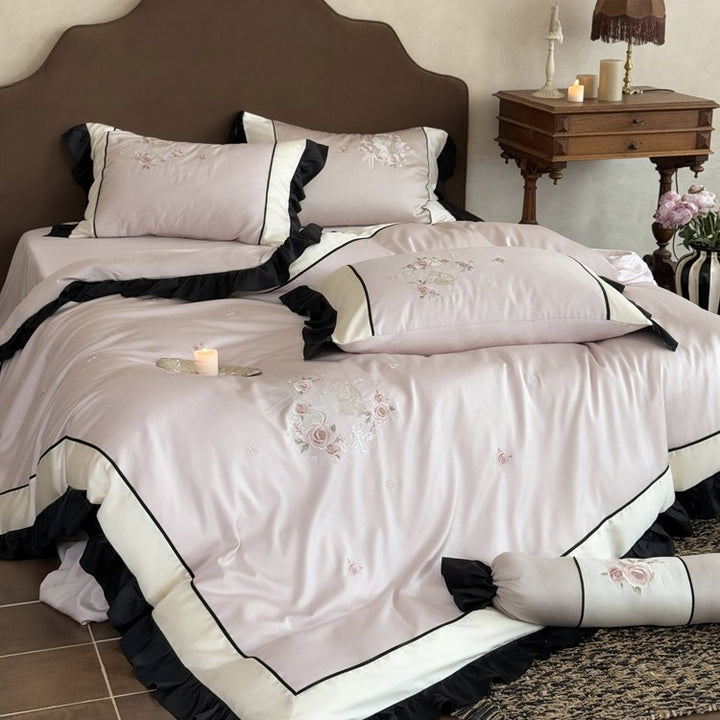 Embroidered Floral Ruffled Edge Duvet Cover and Pillow Sham Set