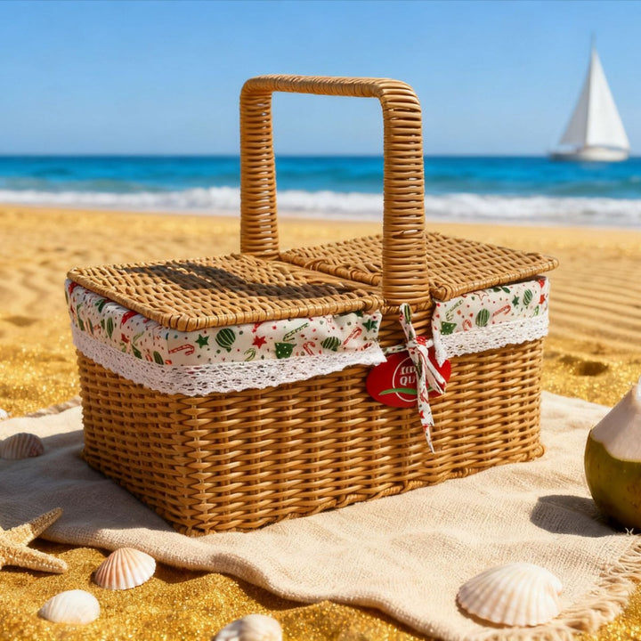 Ladies picnic basket with elegant fabric cover and practical carrying handles Stornfield
