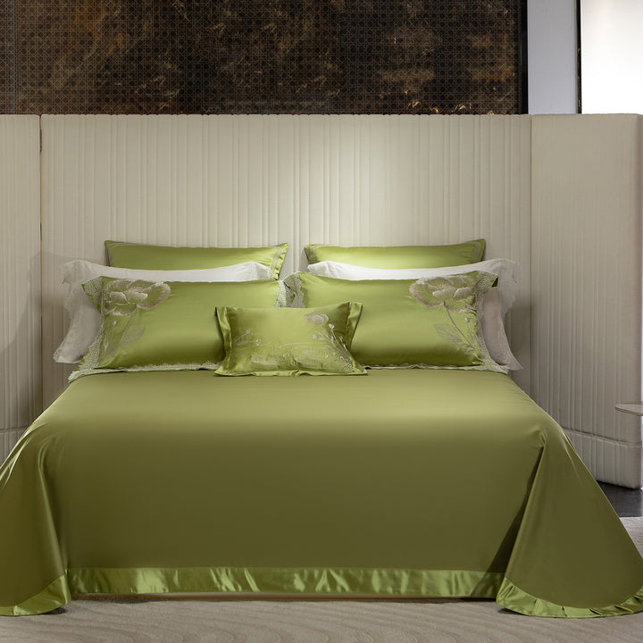 Satin Embroidered Floral Duvet Cover Set with Lace-Edged Pillow Shams