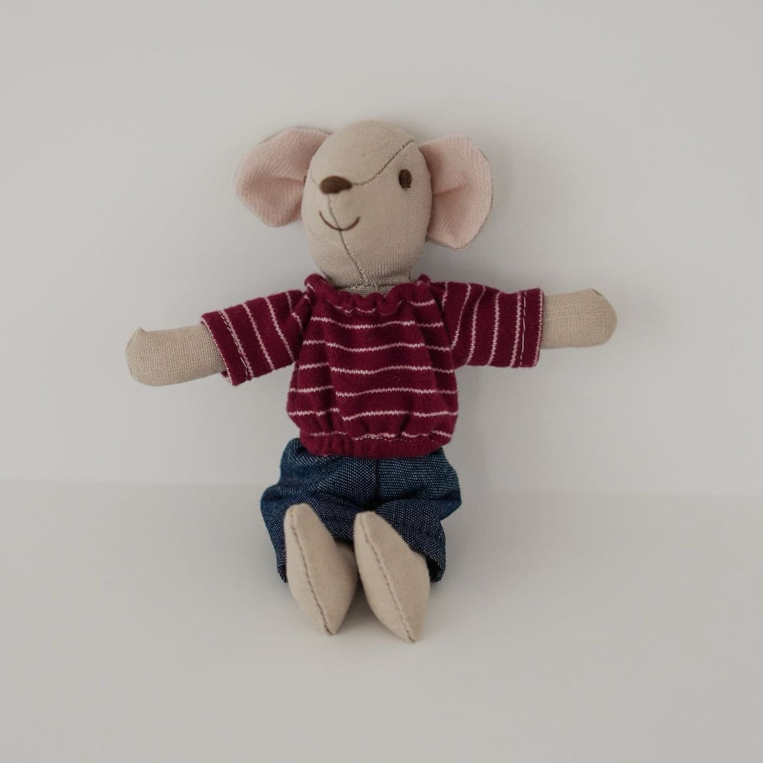 Handcrafted Linen Mouse Plush Doll with Striped Knit Shirt and Denim Pants