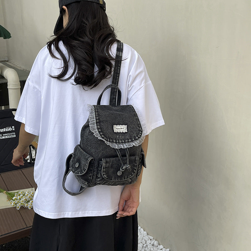 Vintage-Inspired Ruffled Denim Backpack