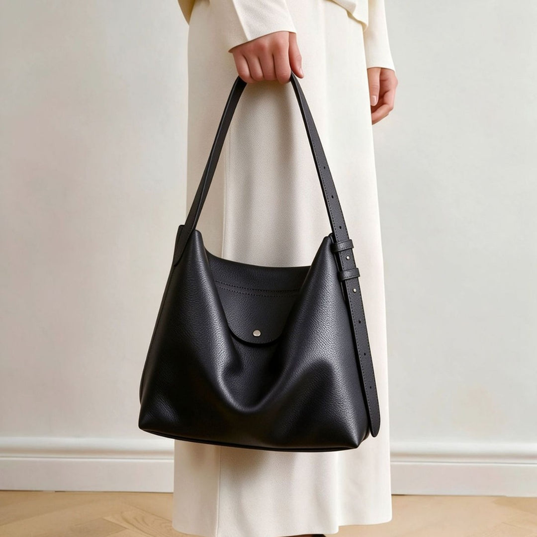 Sculptural Pebbled Leather-Effect Hobo Shoulder Bag with Adjustable Buckle Strap