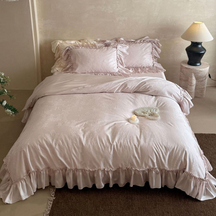 Ruffled Jacquard Floral Duvet Cover and Pillowcase Set