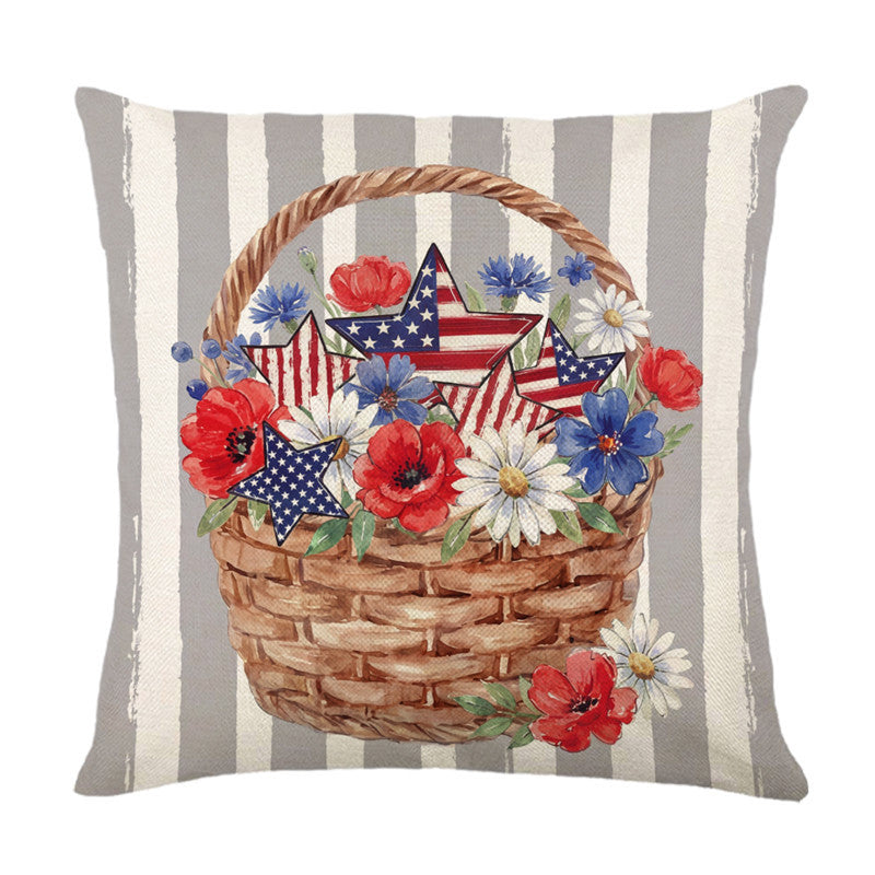 Patriotic Decorative Throw Pillow Cover with American Flag Stars and Floral Banner