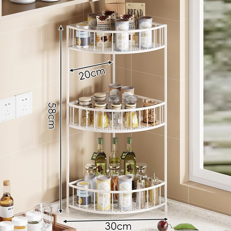 Three-Tier Rounded Corner Kitchen Storage Rack with Raised Rails and Mesh Shelves