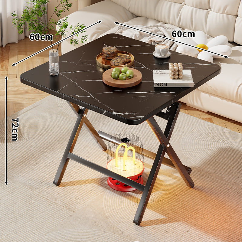 Square Foldable Marble-Effect Coffee Table with Cross-Leg Metal Frame