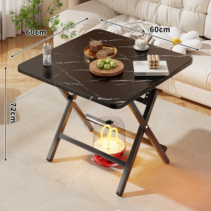Square Foldable Marble-Effect Coffee Table with Cross-Leg Metal Frame