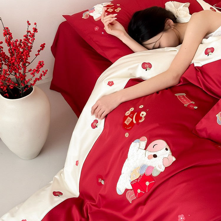 Luxurious bedding set made of fine cotton satin with elaborate embroidery & contrasting trim