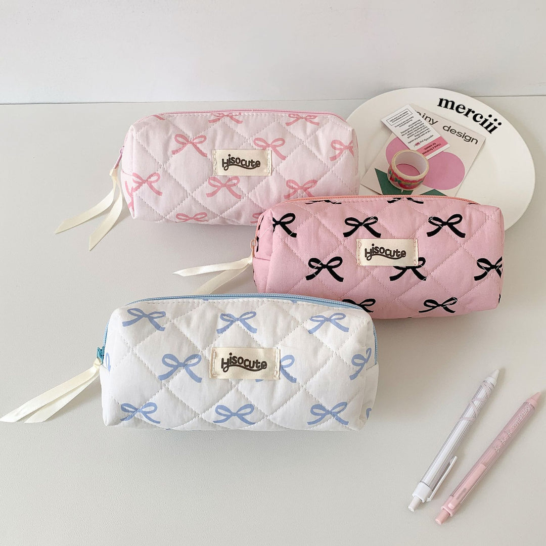 Quilted Bow-Embellished Pencil Case