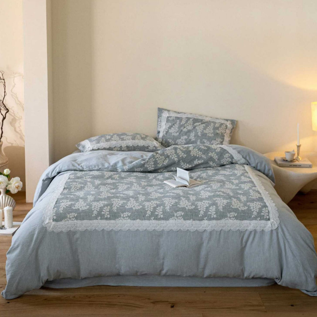 Linen-Blend Floral Jacquard Duvet Cover Set with Lace Edge and Reversible Design
