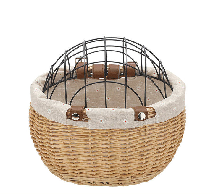 woven rattan pet carrier basket with detachable linen liner and foldable metal safety dome Stornfield