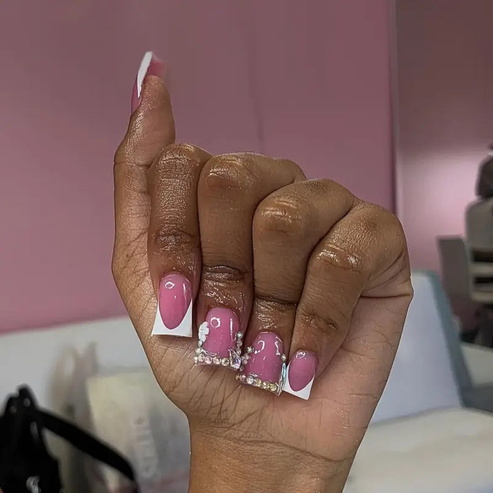 Elegant French Tip Press-On Nail Art with Rhinestone Accents Stornfield