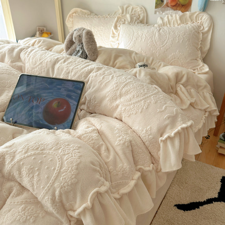 Plush Ruffled Embossed Velvet Comforter Set with Layered Frill Shams