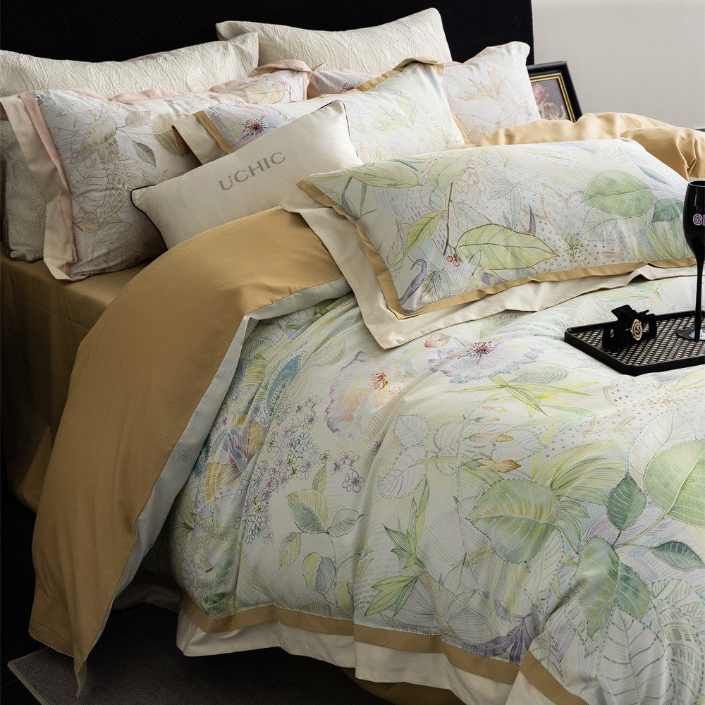 Botanical Cotton Sateen Duvet Cover Bedding Set with Contrast Border and Envelope Closure