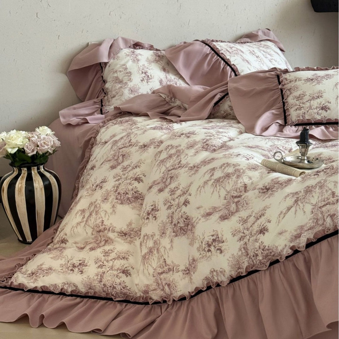 Romantic Toile-Print Ruffled Duvet Cover Set with Layered Bed Skirt