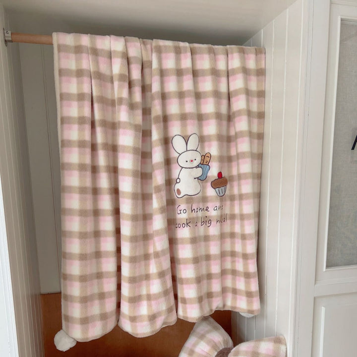 Plush Gingham Check Embroidered Fleece Throw Blanket with Bear Applique