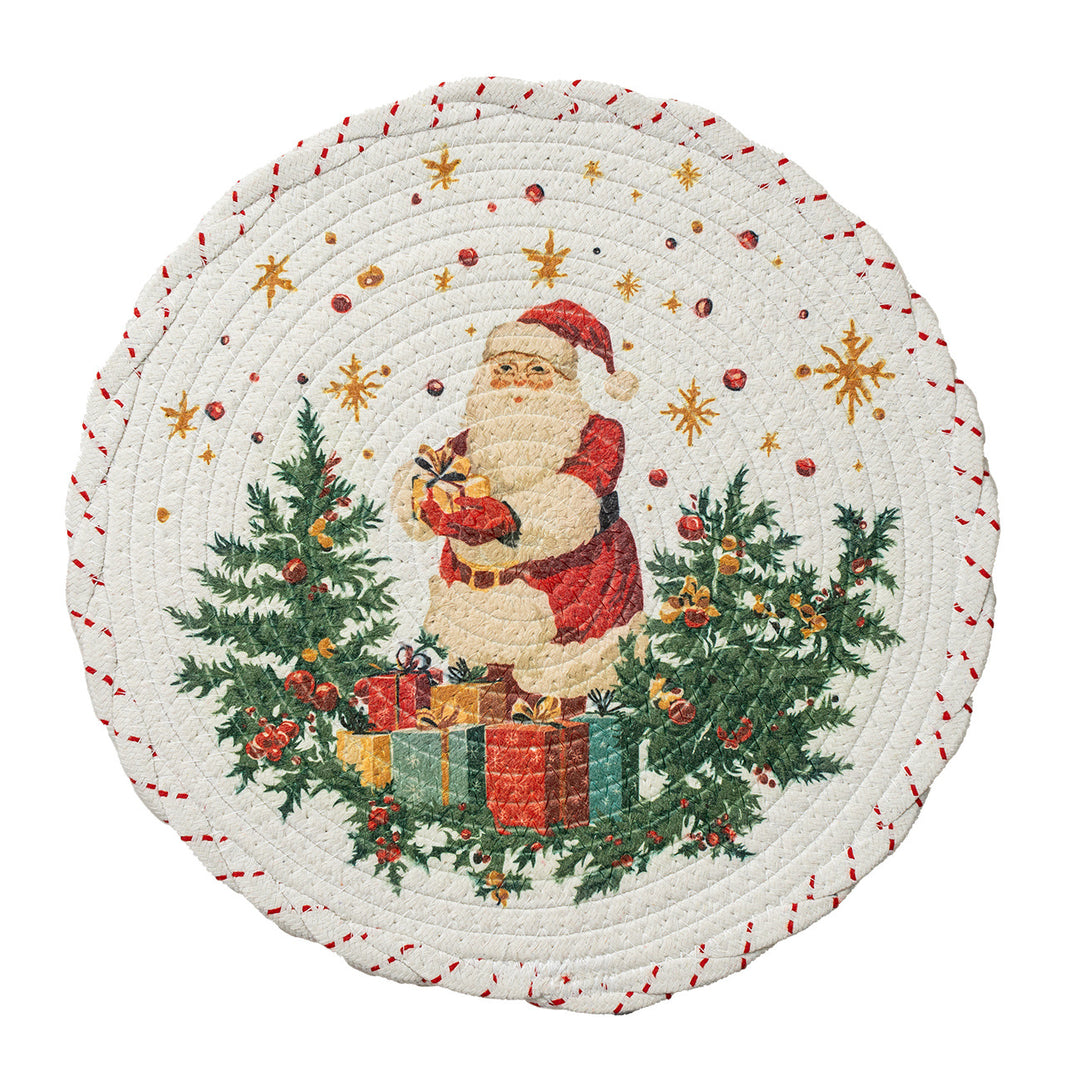 Round Christmas tree skirt made of woven cotton blend fabric with reindeer and pine branch motif