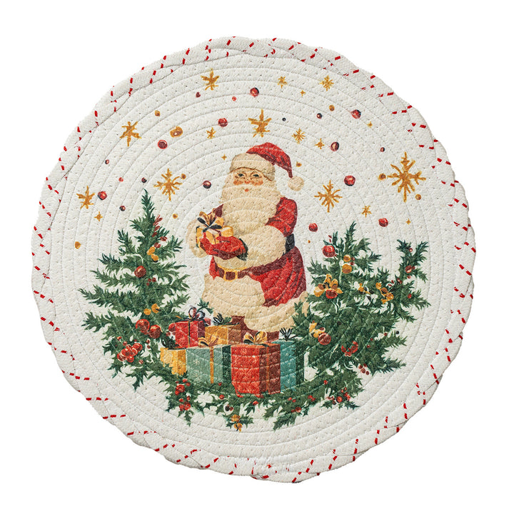 Round Christmas tree skirt made of woven cotton blend fabric with reindeer and pine branch motif
