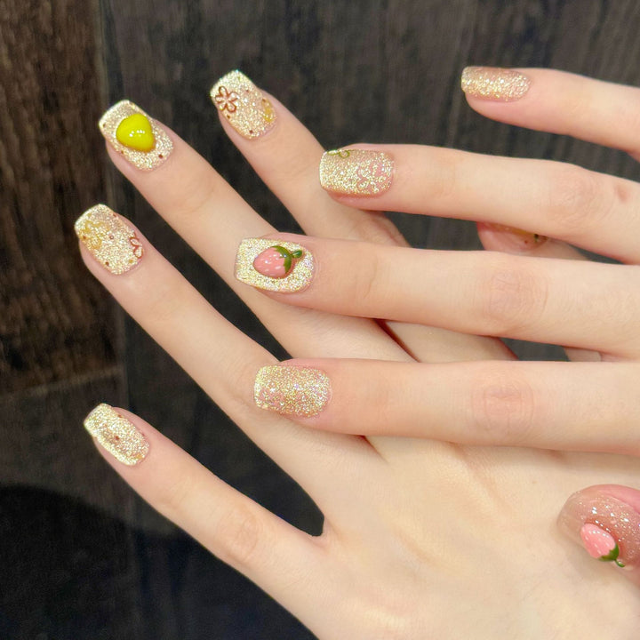 Decorative Press-On Nail Art Set with Glittering Fruit Designs