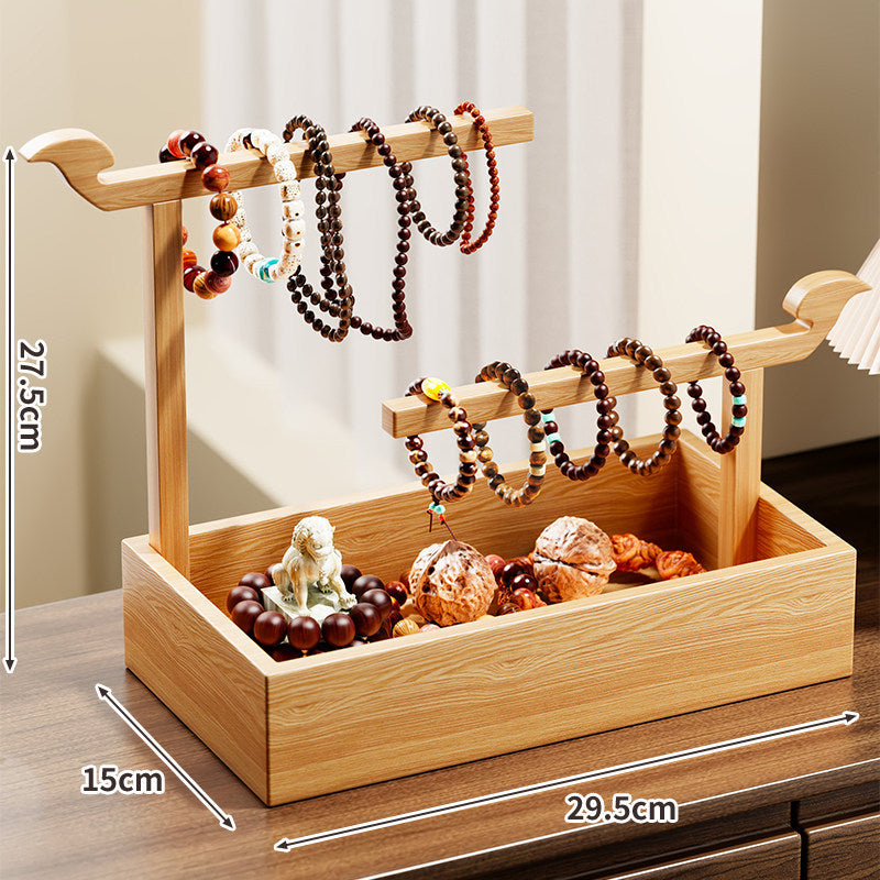 Double-Tier Wooden Bracelet and Prayer Bead Display Stand with Storage Tray