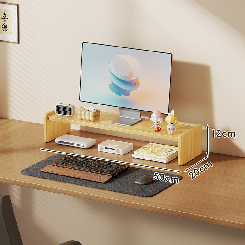 Solid Wood Monitor Riser and Desk Organizer with Dual-Level Shelf and Cable Management