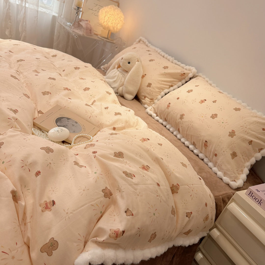 Reversible Sherpa-Back Duvet Cover Set with Gingerbread Print and Pom-Pom Trim