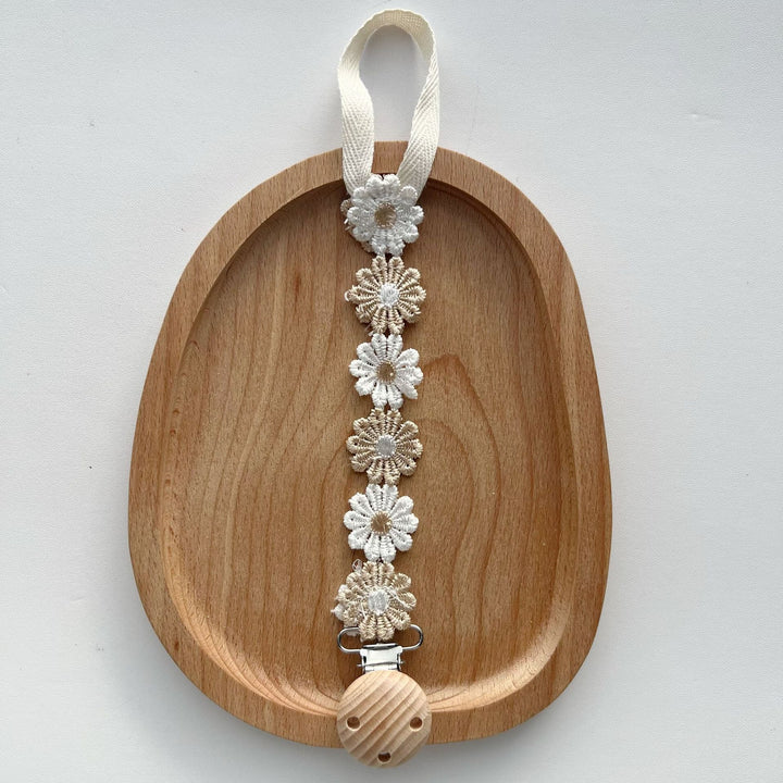 Crochet Floral Pacifier Clip with Wooden Bead Clip