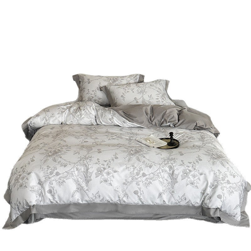 Exclusive cotton satin bed linen set with floral jacquard structure and reversible function