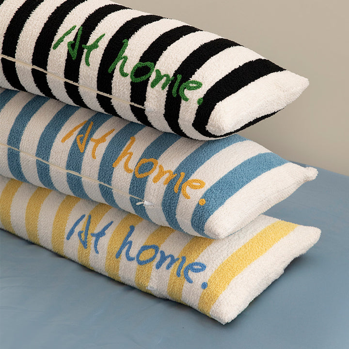 Long lumbar support cushion with ergonomic filling and striped chenille texture