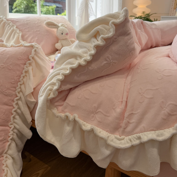 Embroidered Plush Quilted Duvet Comforter Set with Ruffled Skirt