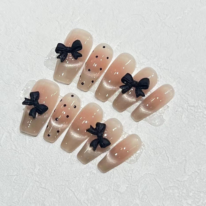 Stylish Long Press-On Nail Set with Bow Accents Stornfield