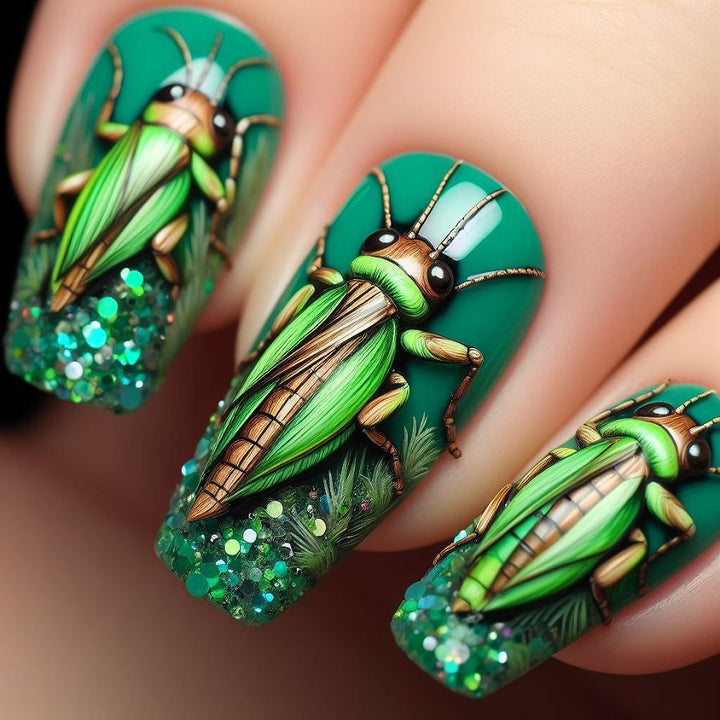 Creative nail art with vibrant insect motifs Stornfield