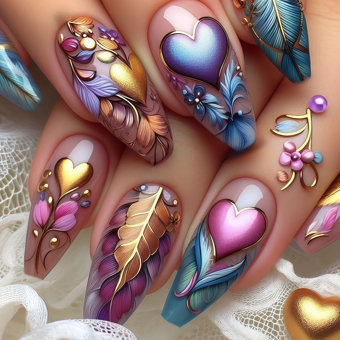 Artificial nails with romantic heart and flower designs Stornfield