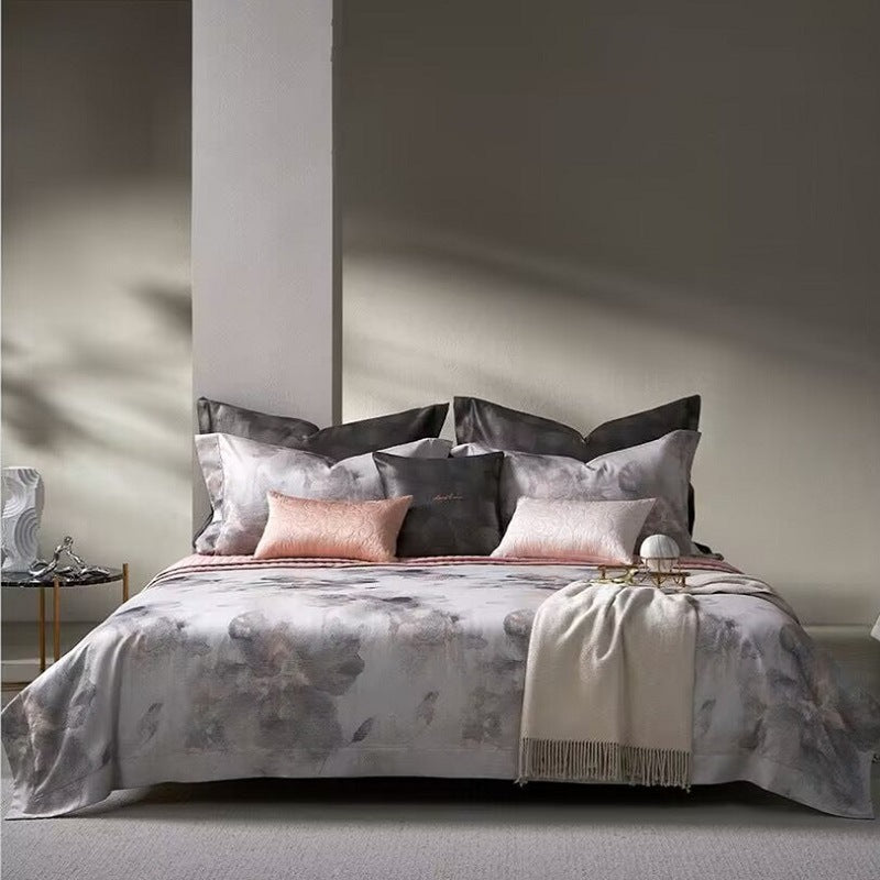Marble-Effect Luxury Cotton-Sateen Duvet Cover Ensemble with Hidden Closure & Euro Shams