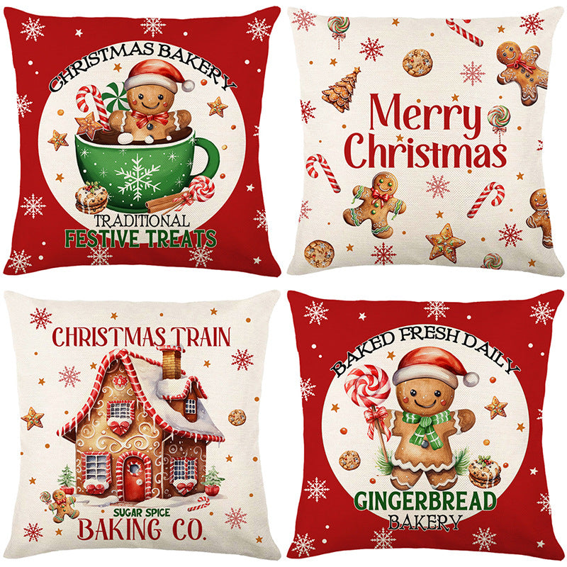 Festive Christmas Linen-Texture Square Cushion Cover with Merry Christmas Gingerbread Pattern