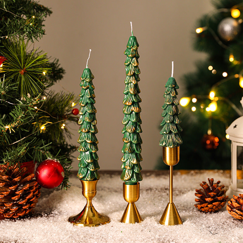 Festive Sculpted Pine Taper Candle Trio with Brass Holders