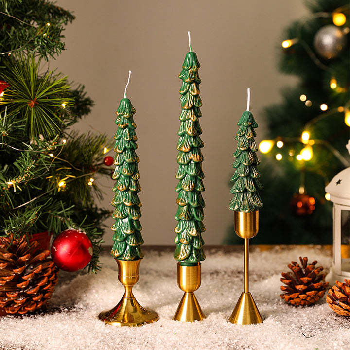 Festive Sculpted Pine Taper Candle Trio with Brass Holders
