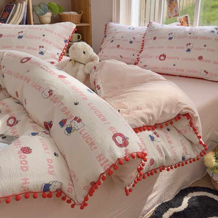 Lightweight Textured Cotton Cartoon Duvet Cover Set with Pom-Pom Trim